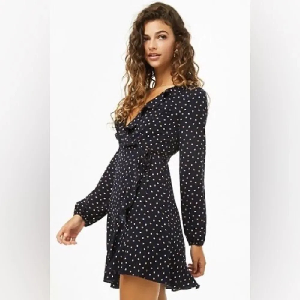 f21 blue wrap dress with orange polka dots ruffle trim